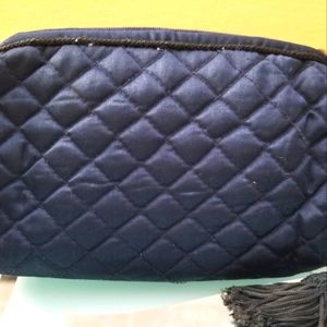 Navy Blue satin quilted tasseled cosmetic bag